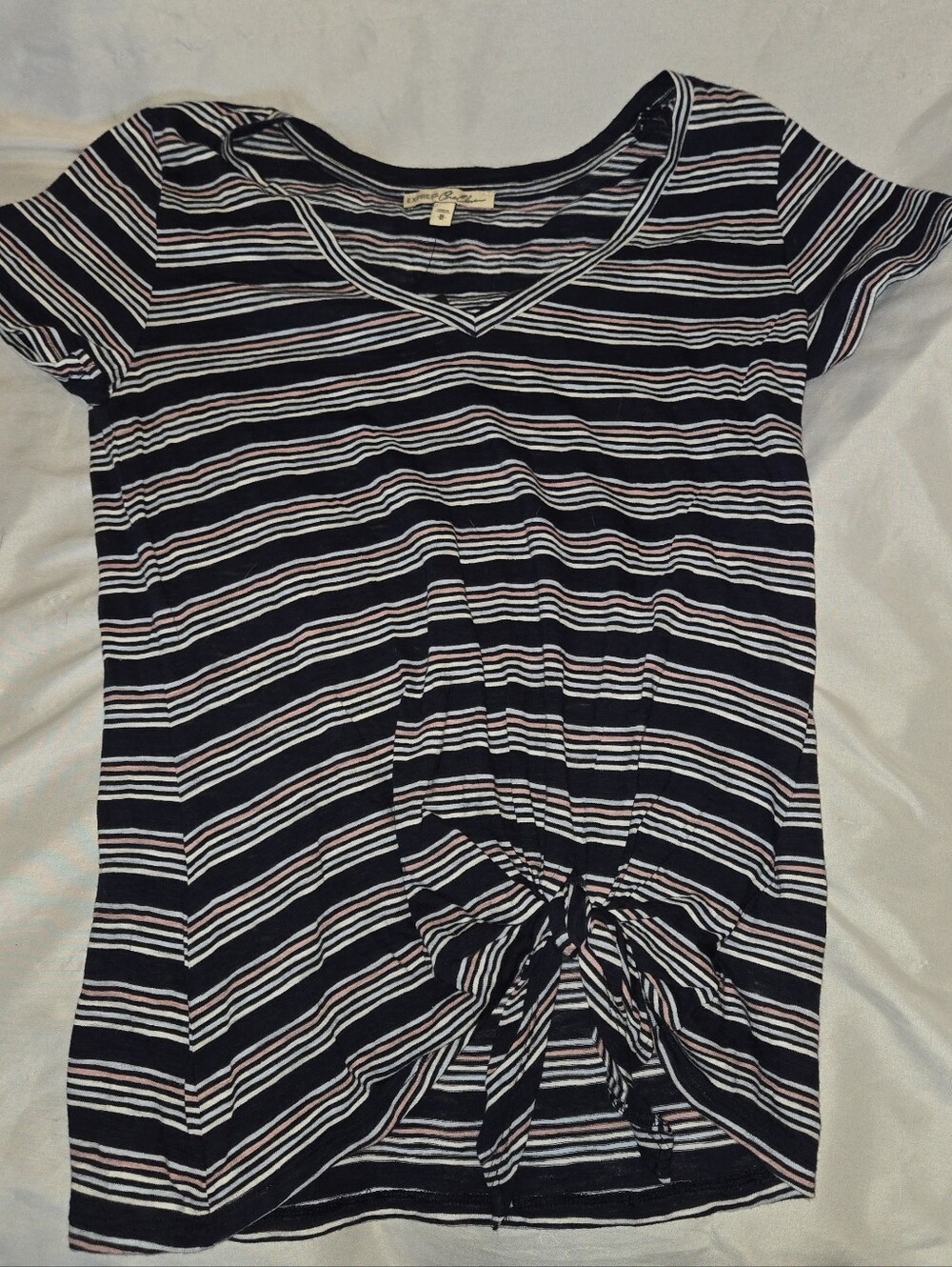 Express Women's Navy Striped V-Neck Tie-Front Short Sleeve Top Tie Up On Side M
